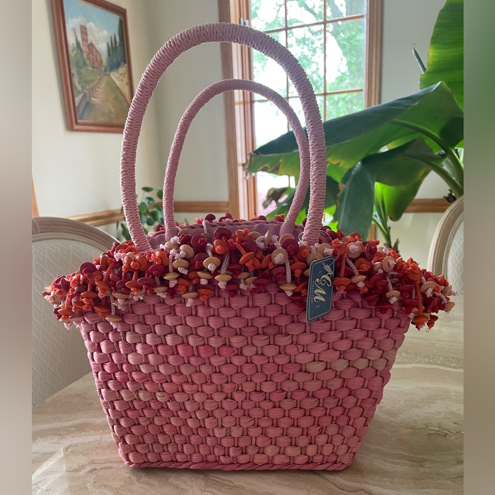 NWT Pink and Orange Tote Bag with Basket-Weave Design